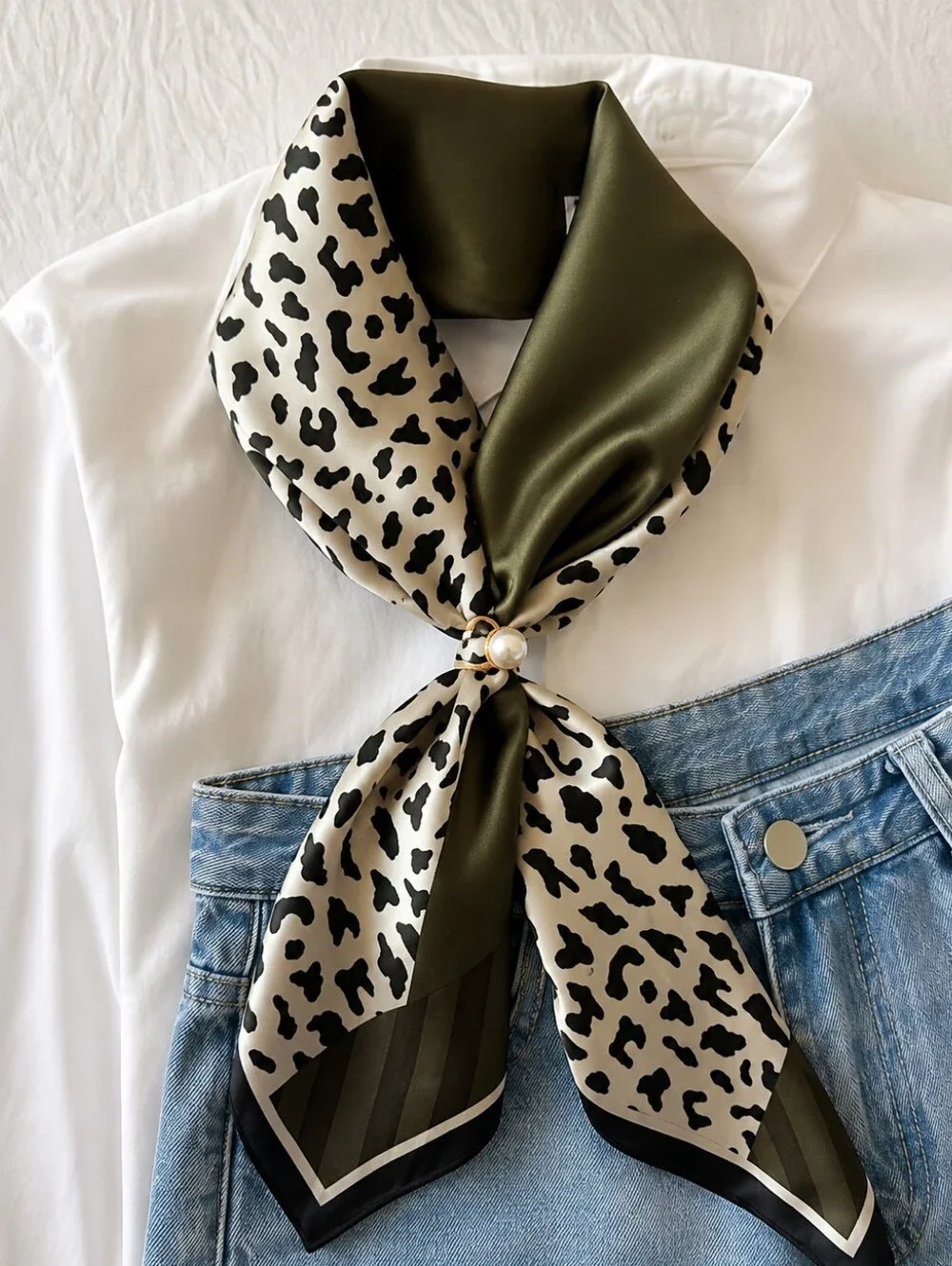 Olive  Green Leopard Print Square Scarf